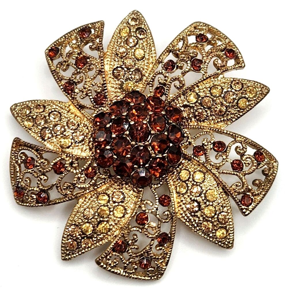 Vintage Filigree Brooch 2" Amber & Champagne Rhinestone Floral Open Scrollwork